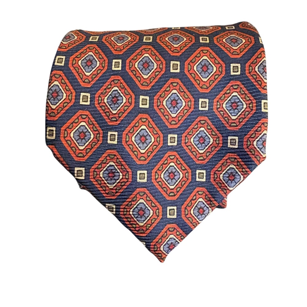 Tasso Elba 100% Silk Tie Geometric Red Navy Diamond Pattern 60" x 3" Necktie